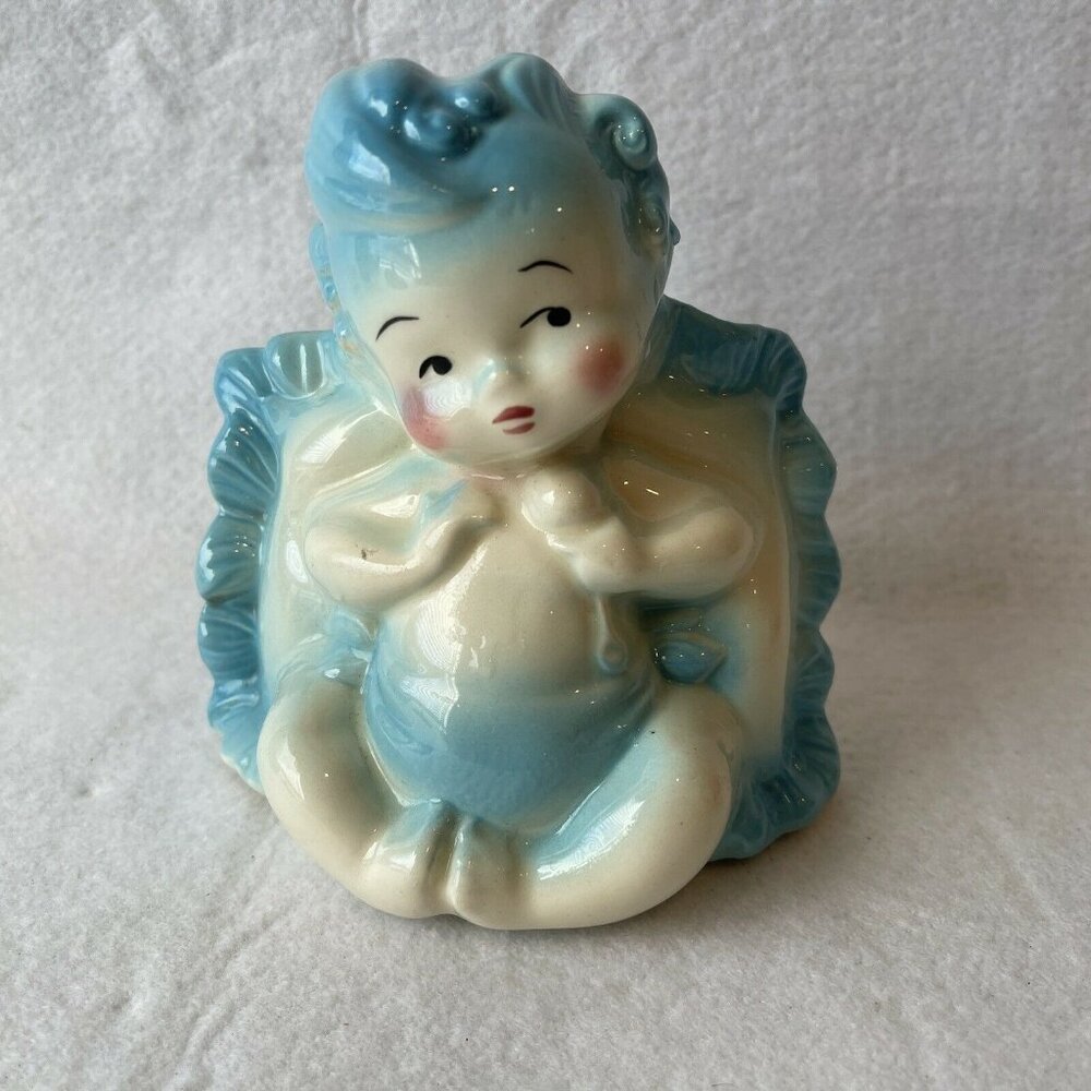 Vintage Hull Pottery Blue Baby Boy Nursery Planter USA Glossy Ceramic Vase FLAW